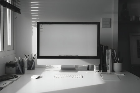 A minimalist home office scene showcasing a sleek computer setup bathed in sunlight.の写真素材