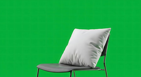 A white pillow rests on a gray modern chair set against a green screen. Perfect for mockups.の写真素材