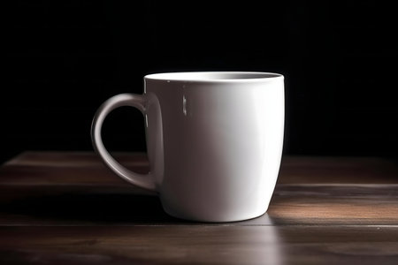 A white mug sits on a dark wooden table. The image is simple and minimalistic, creating a serene atmosphere.の写真素材