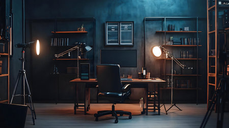 Stylish dark home office with modern desk, computer, and ambient lighting.の写真素材