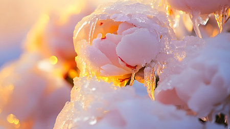 A breathtaking close-up of a peony frozen in winter's embrace. The delicate petals are coated in ice, glistening in the soft morning light.の写真素材
