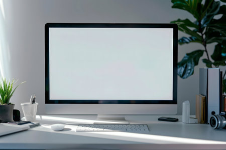 Clean and modern workspace featuring a computer, keyboard, mouse and plants.の写真素材