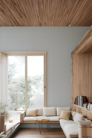 A calming minimalist living room with built-in wooden seating and a light color palette.の写真素材