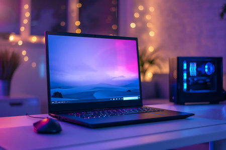 A sleek laptop with a vibrant screen sits on a desk at night in a home office, bathed in soft, purple and blue lighting, next to a gaming PC.の写真素材
