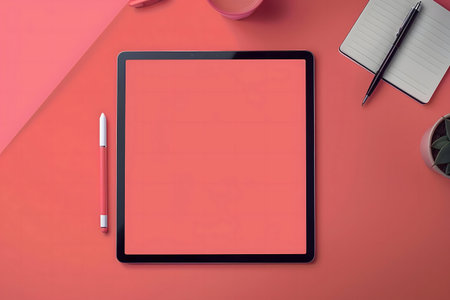 A flatlay image of a coral workspace with a tablet, pen, notebook, and a small plant.の写真素材