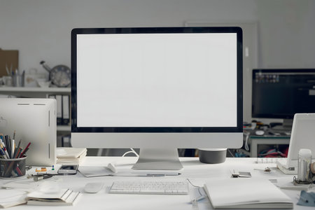Clean and minimal workspace. iMac with blank screen on a white desk.の写真素材