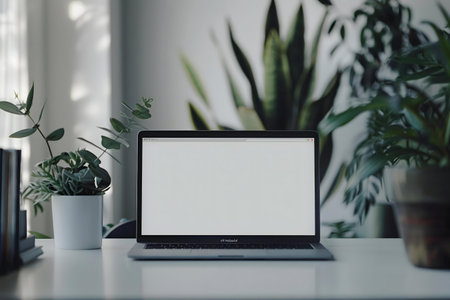 A laptop rests on a clean white desk surrounded by lush potted plants, creating a calm and productive workspace.の写真素材