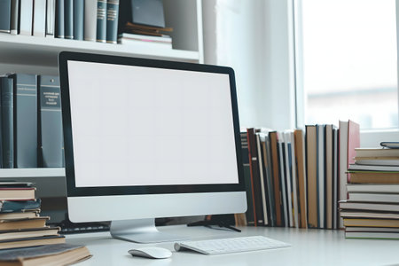 A clean workspace featuring a computer with a blank screen surrounded by books.の写真素材