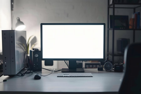 A modern computer desk setup at night. The screen is blank, ready for your content.の写真素材