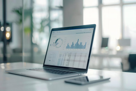 Laptop displaying financial data charts and graphs in a modern office setting.