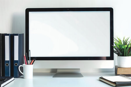 A pristine workspace featuring office supplies and a plant. Modern and organized.の写真素材