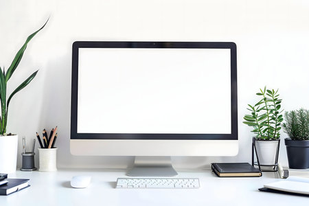 A minimalist workspace featuring a computer, keyboard, mouse, and plants on a clean white desk.の写真素材