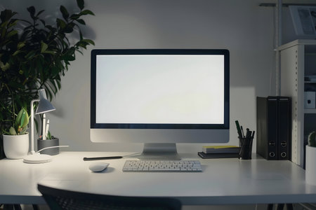 Clean, modern workspace with a blank computer screen, plants, and a desk lamp. Peaceful evening...