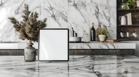 Tablet on marble table in modern kitchen. Stylish home decor.の写真素材