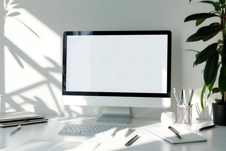 Clean, minimalist workspace featuring a computer, plant, and natural light. Perfect for productivity!の写真素材