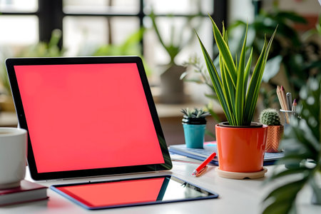 A red-screened tablet sits on a desk among potted plants. A calm workspace.の写真素材