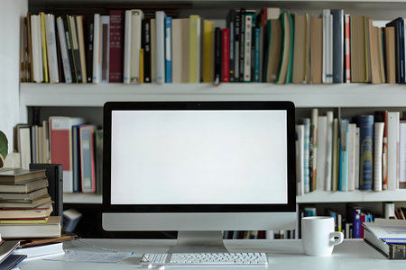 A clean workspace with a computer and many books on shelves in the background.の写真素材