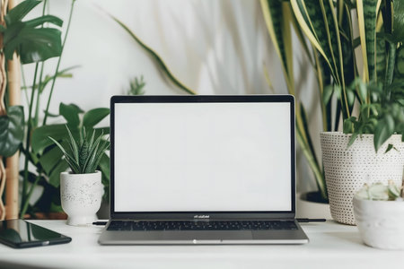 A laptop sits on a desk surrounded by various plants. The scene depicts a tranquil workspace.の写真素材