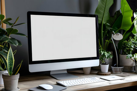 Stylish home office setup with iMac, keyboard, mouse, and various houseplants. Blank screen for your design.の写真素材