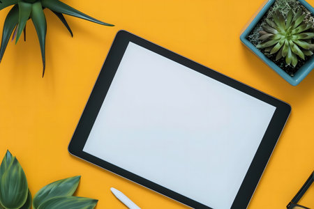 A blank tablet screen on a yellow background with plants. Perfect for mockup.