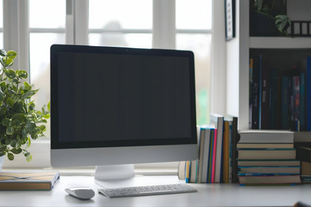 A sleek computer sits on a clean desk amidst books and plants. Modern home office setup.の写真素材