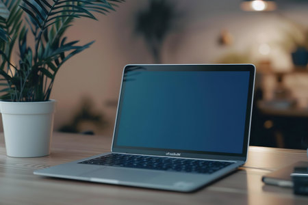 A silver laptop rests on a wooden desk, next to a potted plant. The background is blurredの写真素材