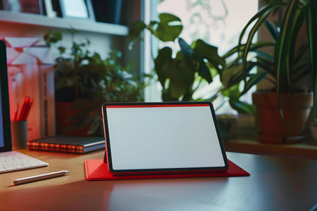 A red tablet sits on a desk among plants. The screen is blank.の写真素材