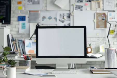 A clean, modern office workspace features a blank computer screen at the center. Ideal for presentations or showcasing mockups.の写真素材