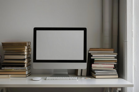A minimalist workspace featuring a computer, books, and a white desk.の写真素材