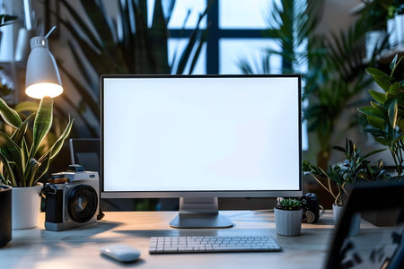Stylish home office setup with blank computer screen, plants and camera.の写真素材