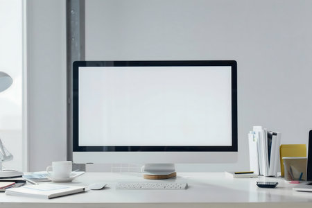 Clean and minimalistic workspace featuring a blank computer screen, keyboard, and essential office supplies.の写真素材