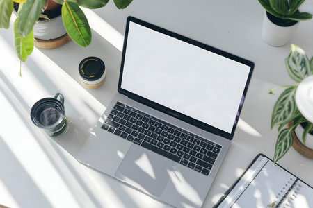 A bright workspace featuring a laptop, plants, and a coffee mug bathed in sunlight.の写真素材