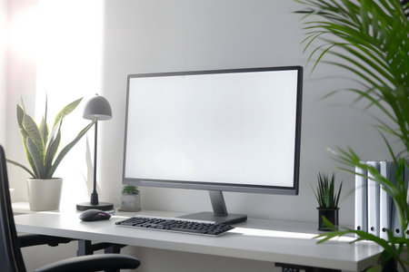 A clean, modern home office setup with a blank computer screen, keyboard, mouse, and plants on a...