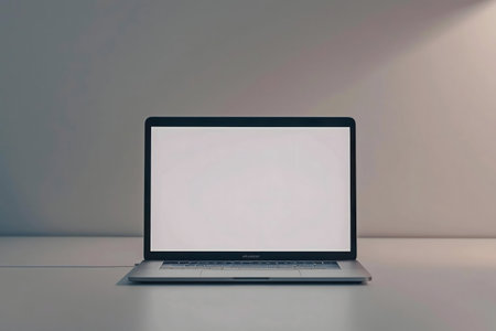 A closed laptop on a white table against a neutral background. Minimalist workspace.