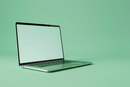 A sleek silver laptop sits on a mint green background. Minimalist and modern.の写真素材