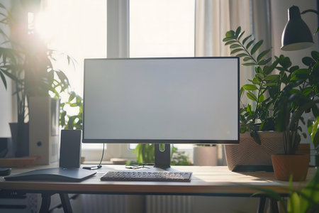 Sunlight illuminates a minimalist home office setup. A blank computer screen sits on a wooden desk...