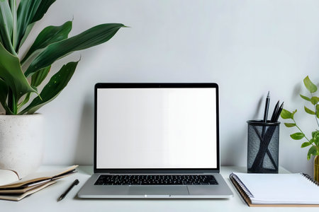 Clean minimalist workspace with a laptop, plants, and notebooks. Ideal for remote work or studying.の写真素材