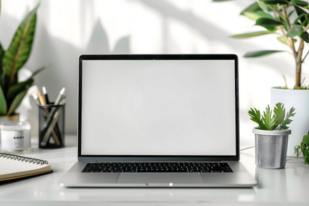 Clean laptop mockup on white desk with plantsの写真素材