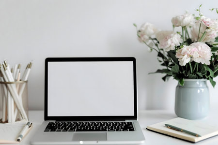 Clean and stylish workspace featuring a laptop, delicate flowers, and minimalist accessories.