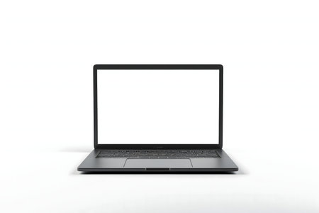 A sleek gray laptop with a blank white screen, isolated on a white background. Perfect for showcasing your app or website design.の写真素材