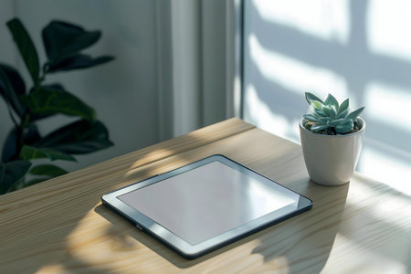 A serene workspace featuring a tablet, a succulent plant, and natural sunlight streaming through a window.の写真素材