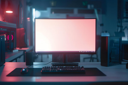 A sleek gaming setup bathed in neon lights. Modern PC, keyboard, mouse.の写真素材
