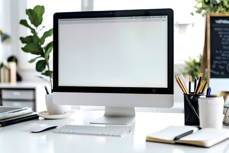 Clean and organized workspace featuring a blank computer screen, keyboard, mouse, and office supplies.の写真素材