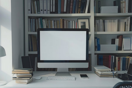 Modern home office setup with a blank iMac screen, bookshelves full of books, and other accessories.の写真素材
