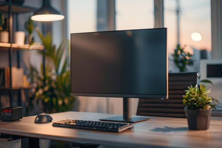 A modern home office setup featuring a sleek computer monitor, ergonomic keyboard and mouse, and plants, creating a productive workspaceの写真素材