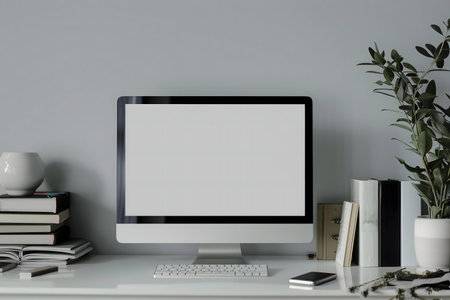 A minimalist workspace with a blank computer screen, books, and a plant. Clean and modern aesthetics.の写真素材
