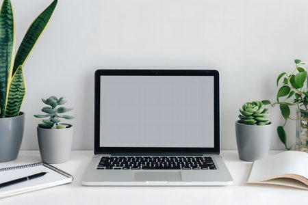 A clean workspace featuring a laptop, succulents, and notebooks.の写真素材