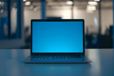 A laptop with a blue screen sits on a desk in a dimly lit office at night.の写真素材
