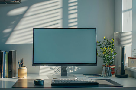 A bright, minimalist home office setup with a computer, keyboard, plant, and soft sunlight...