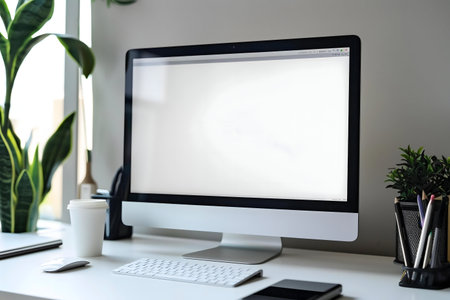 A clean, minimalist workspace featuring an iMac, keyboard, mouse, and plants.の写真素材